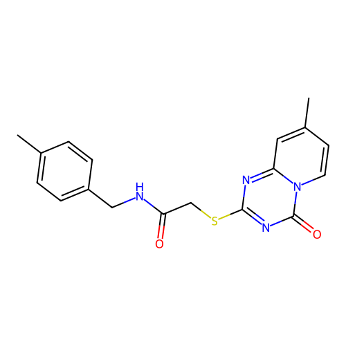 2-({8-methyl-4-oxo-4H-pyrido[1,2-a][1,3,5]triazin-2-yl}sulfanyl)-N-[(4-methylphenyl)methyl]acetamide structure