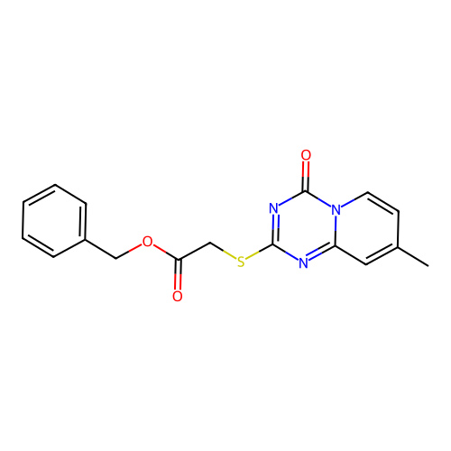 Benzyl 2-(8-methyl-4-oxopyrido[1,2-a][1,3,5]triazin-2-yl)sulfanylacetate structure