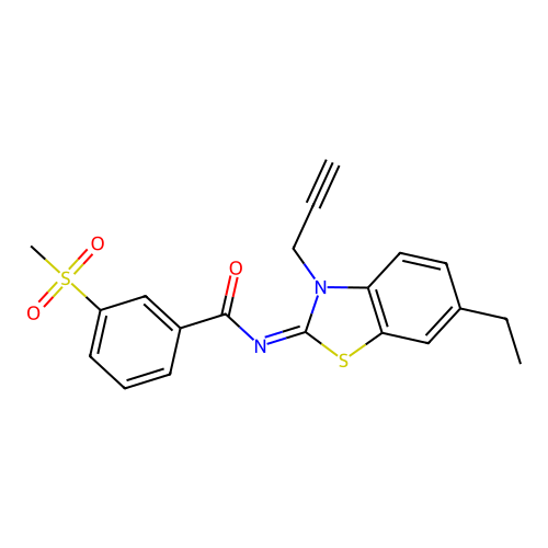 N-(6-ethyl-3-prop-2-ynyl-1,3-benzothiazol-2-ylidene)-3-methylsulfonylbenzamide structure