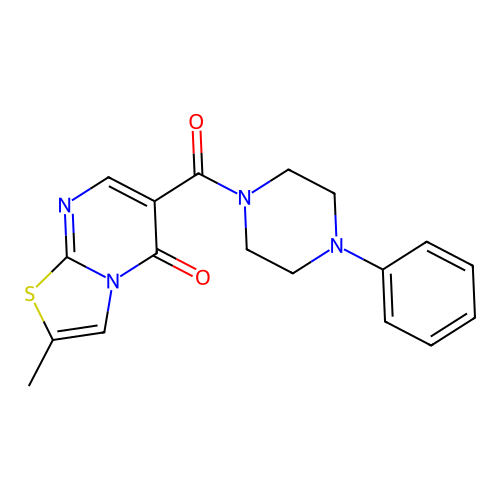 2-methyl-6-(4-phenylpiperazine-1-carbonyl)-5H-thiazolo[3,2-a]pyrimidin-5-one structure