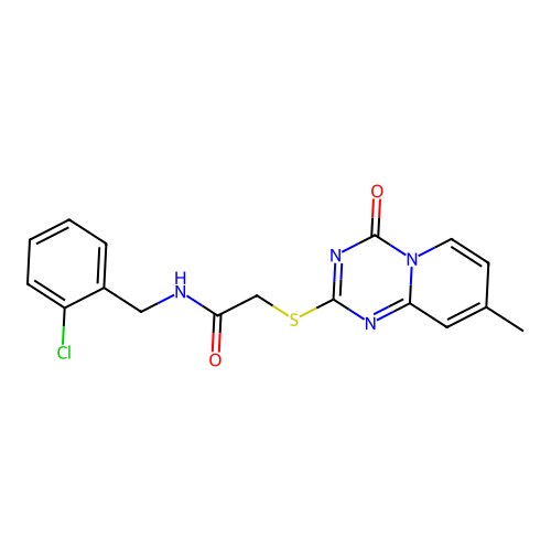 N-[(2-chlorophenyl)methyl]-2-(8-methyl-4-oxopyrido[1,2-a][1,3,5]triazin-2-yl)sulfanylacetamide structure