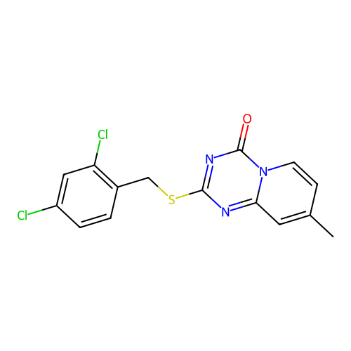 2-((2,4-dichlorobenzyl)thio)-8-methyl-4H-pyrido[1,2-a][1,3,5]triazin-4-one structure