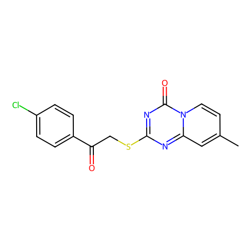 2-((2-(4-chlorophenyl)-2-oxoethyl)thio)-8-methyl-4H-pyrido[1,2-a][1,3,5]triazin-4-one structure