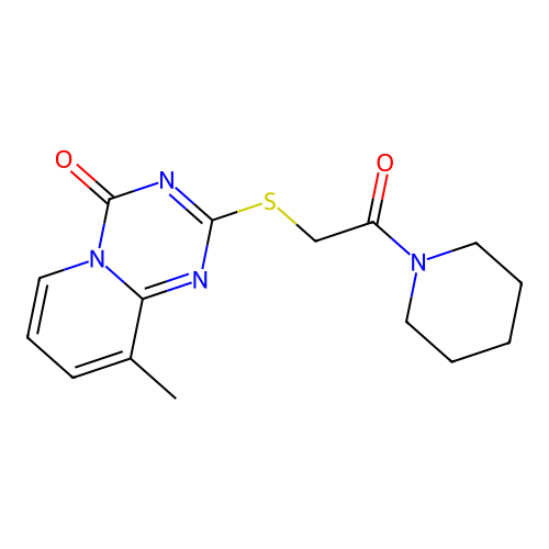 9-methyl-2-{[2-oxo-2-(piperidin-1-yl)ethyl]sulfanyl}-4H-pyrido[1,2-a][1,3,5]triazin-4-one structure