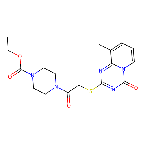 ethyl 4-(2-((9-methyl-4-oxo-4H-pyrido[1,2-a][1,3,5]triazin-2-yl)thio)acetyl)piperazine-1-carboxylate structure