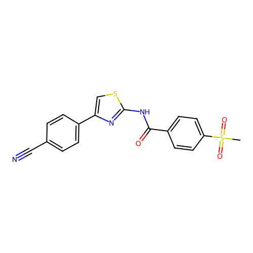 N-(4-(4-cyanophenyl)thiazol-2-yl)-4-(methylsulfonyl)benzamide structure
