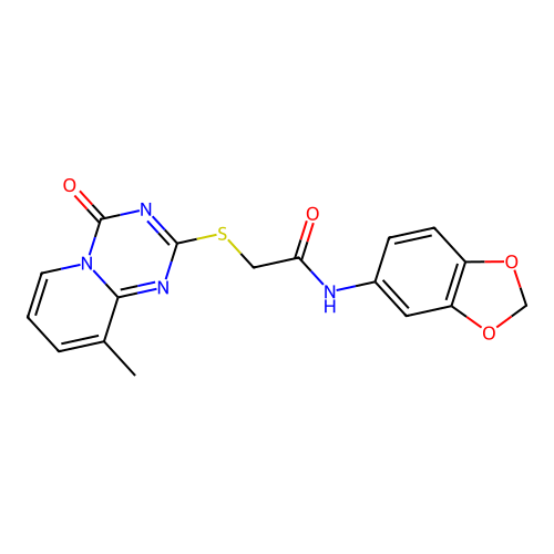 N-(2H-1,3-benzodioxol-5-yl)-2-({9-methyl-4-oxo-4H-pyrido[1,2-a][1,3,5]triazin-2-yl}sulfanyl)acetamide structure