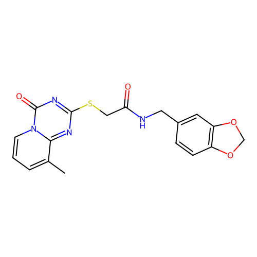 N-(1,3-benzodioxol-5-ylmethyl)-2-(9-methyl-4-oxopyrido[1,2-a][1,3,5]triazin-2-yl)sulfanylacetamide structure