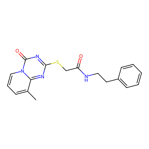 2-({9-methyl-4-oxo-4H-pyrido[1,2-a][1,3,5]triazin-2-yl}sulfanyl)-N-(2-phenylethyl)acetamide structure