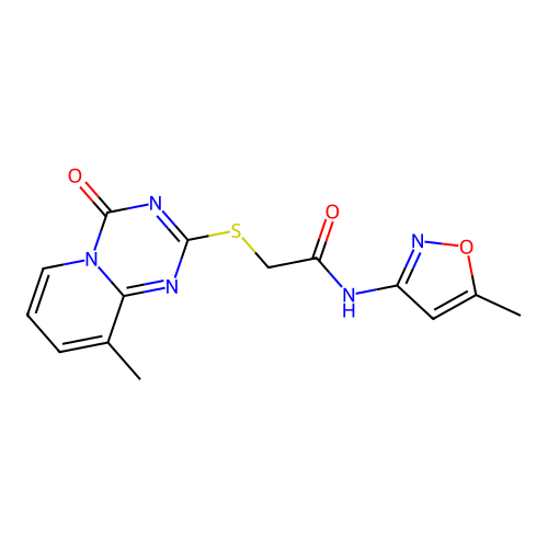 2-((9-methyl-4-oxo-4H-pyrido[1,2-a][1,3,5]triazin-2-yl)thio)-N-(5-methylisoxazol-3-yl)acetamide structure