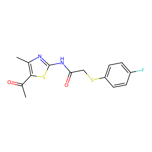 N-(5-acetyl-4-methylthiazol-2-yl)-2-((4-fluorophenyl)thio)acetamide structure