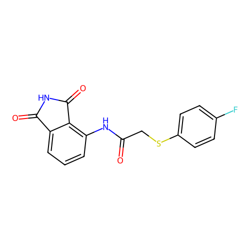 N-(1,3-dioxoisoindol-4-yl)-2-(4-fluorophenyl)sulfanylacetamide structure
