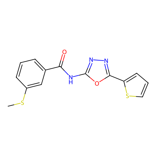3-methylsulfanyl-N-(5-thiophen-2-yl-1,3,4-oxadiazol-2-yl)benzamide structure