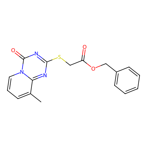 Benzyl 2-(9-methyl-4-oxopyrido[1,2-a][1,3,5]triazin-2-yl)sulfanylacetate structure
