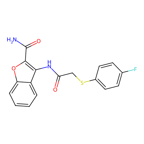 3-(2-((4-Fluorophenyl)thio)acetamido)benzofuran-2-carboxamide structure