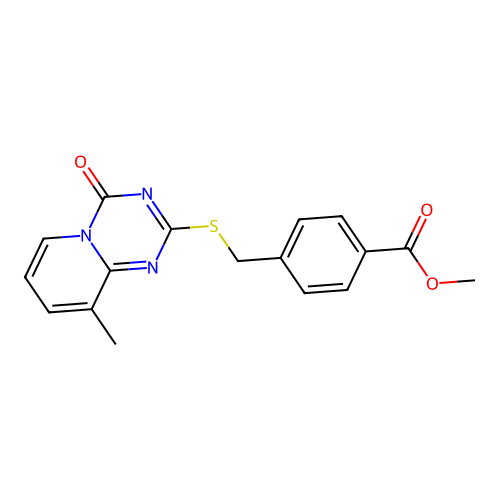 methyl 4-[({9-methyl-4-oxo-4H-pyrido[1,2-a][1,3,5]triazin-2-yl}sulfanyl)methyl]benzoate structure