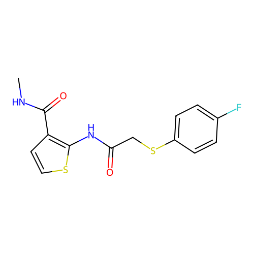 2-(2-((4-fluorophenyl)thio)acetamido)-N-methylthiophene-3-carboxamide structure
