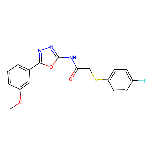 2-((4-fluorophenyl)thio)-N-(5-(3-methoxyphenyl)-1,3,4-oxadiazol-2-yl)acetamide structure