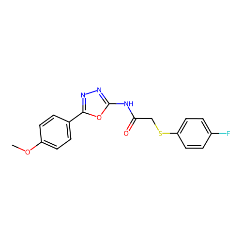 2-(4-fluorophenyl)sulfanyl-N-[5-(4-methoxyphenyl)-1,3,4-oxadiazol-2-yl]acetamide structure