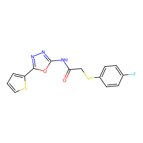 2-(4-fluorophenyl)sulfanyl-N-(5-thiophen-2-yl-1,3,4-oxadiazol-2-yl)acetamide structure