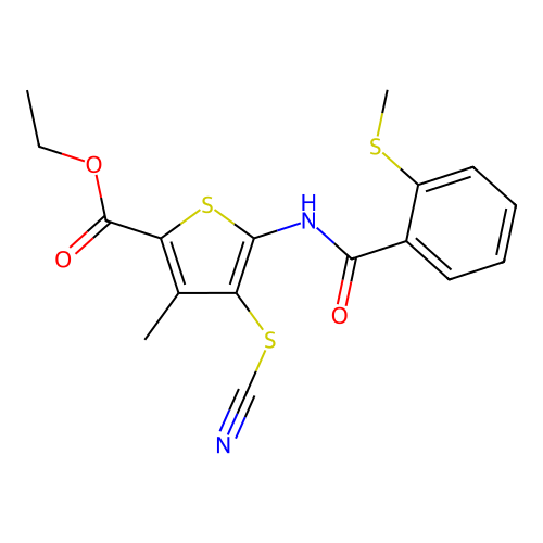 Ethyl 3-methyl-5-(2-(methylthio)benzamido)-4-thiocyanatothiophene-2-carboxylate structure