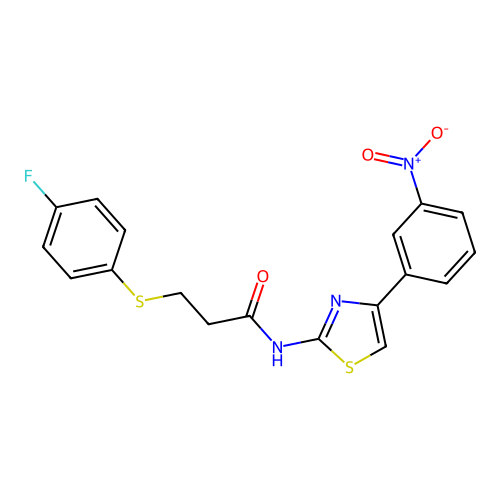3-(4-fluorophenyl)sulfanyl-N-[4-(3-nitrophenyl)-1,3-thiazol-2-yl]propanamide structure