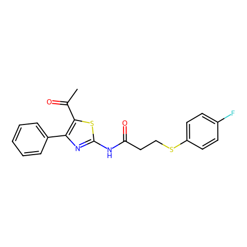 N-(5-acetyl-4-phenylthiazol-2-yl)-3-((4-fluorophenyl)thio)propanamide structure