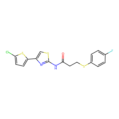 N-(4-(5-chlorothiophen-2-yl)thiazol-2-yl)-3-((4-fluorophenyl)thio)propanamide structure