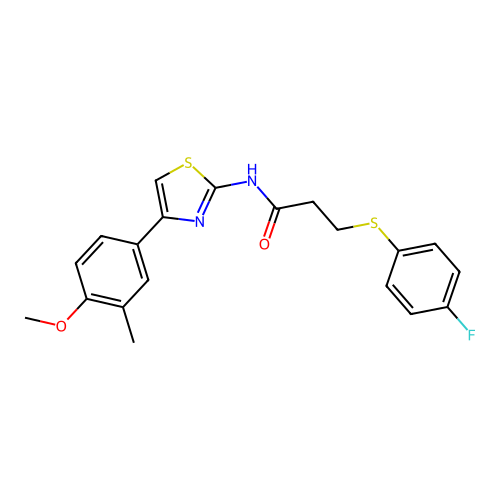 3-((4-fluorophenyl)thio)-N-(4-(4-methoxy-3-methylphenyl)thiazol-2-yl)propanamide structure