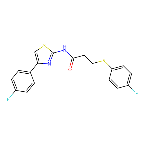 N-(4-(4-fluorophenyl)thiazol-2-yl)-3-((4-fluorophenyl)thio)propanamide structure