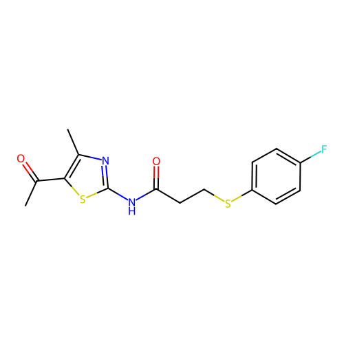 N-(5-acetyl-4-methylthiazol-2-yl)-3-((4-fluorophenyl)thio)propanamide structure