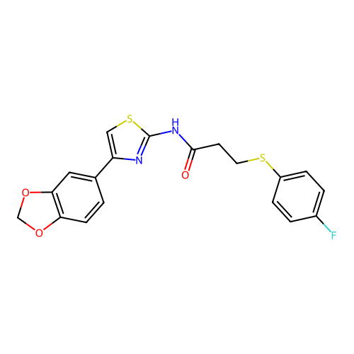 N-(4-(benzo[d][1,3]dioxol-5-yl)thiazol-2-yl)-3-((4-fluorophenyl)thio)propanamide structure