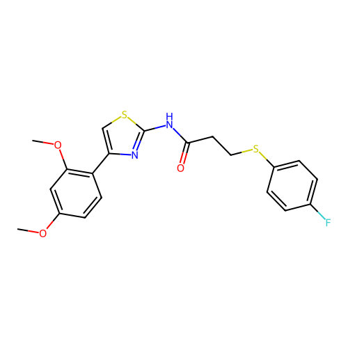 N-(4-(2,4-dimethoxyphenyl)thiazol-2-yl)-3-((4-fluorophenyl)thio)propanamide structure
