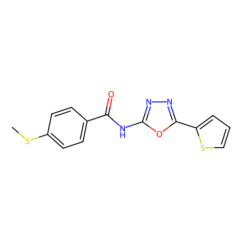 4-methylsulfanyl-N-(5-thiophen-2-yl-1,3,4-oxadiazol-2-yl)benzamide structure