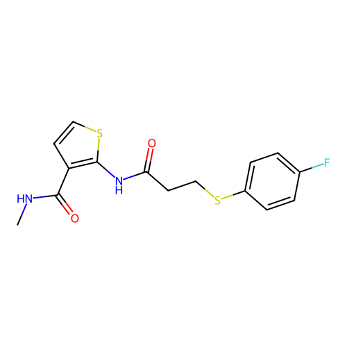 2-(3-((4-fluorophenyl)thio)propanamido)-N-methylthiophene-3-carboxamide structure
