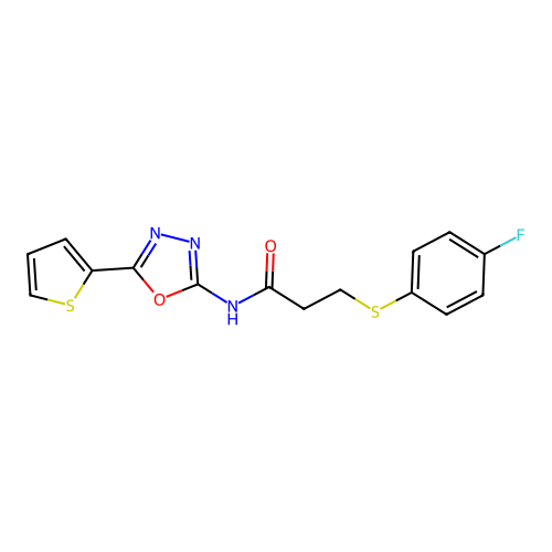 3-((4-fluorophenyl)thio)-N-(5-(thiophen-2-yl)-1,3,4-oxadiazol-2-yl)propanamide structure