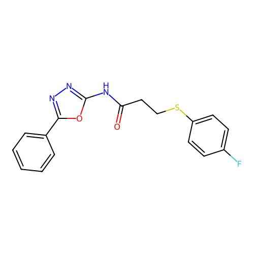 3-(4-fluorophenyl)sulfanyl-N-(5-phenyl-1,3,4-oxadiazol-2-yl)propanamide structure