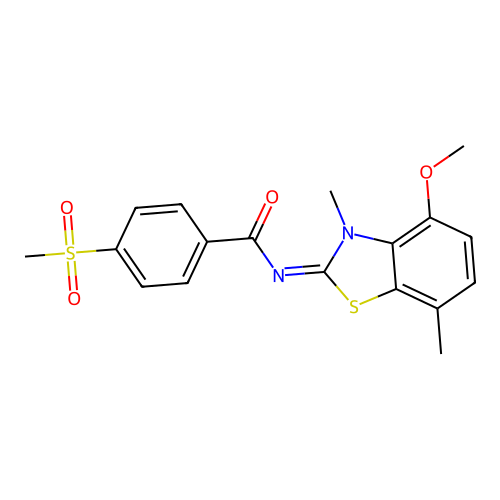 N-(4-methoxy-3,7-dimethyl-1,3-benzothiazol-2-ylidene)-4-methylsulfonylbenzamide structure