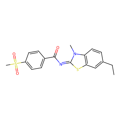 N-(6-ethyl-3-methyl-1,3-benzothiazol-2-ylidene)-4-methylsulfonylbenzamide structure