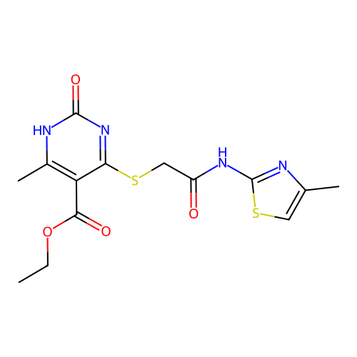 ethyl 6-methyl-4-((2-((4-methylthiazol-2-yl)amino)-2-oxoethyl)thio)-2-oxo-1,2-dihydropyrimidine-5-carboxylate structure