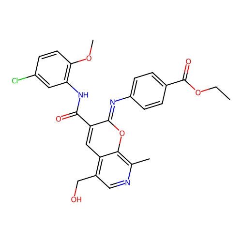 ethyl 4-{[(2Z)-3-[(5-chloro-2-methoxyphenyl)carbamoyl]-5-(hydroxymethyl)-8-methyl-2H-pyrano[2,3-c]pyridin-2-ylidene]amino}benzoate structure