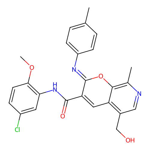 (2Z)-N-(5-chloro-2-methoxyphenyl)-5-(hydroxymethyl)-8-methyl-2-[(4-methylphenyl)imino]-2H-pyrano[2,3-c]pyridine-3-carboxamide structure