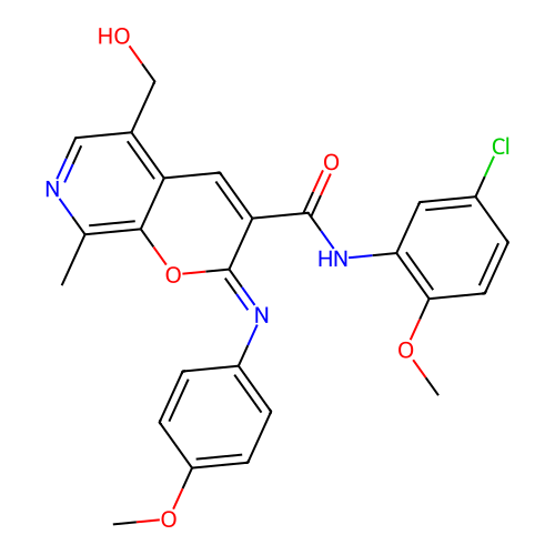 (2Z)-N-(5-chloro-2-methoxyphenyl)-5-(hydroxymethyl)-2-[(4-methoxyphenyl)imino]-8-methyl-2H-pyrano[2,3-c]pyridine-3-carboxamide structure