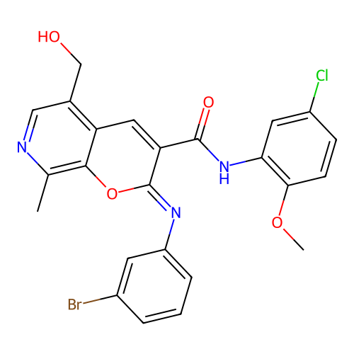 (2Z)-2-[(3-bromophenyl)imino]-N-(5-chloro-2-methoxyphenyl)-5-(hydroxymethyl)-8-methyl-2H-pyrano[2,3-c]pyridine-3-carboxamide structure