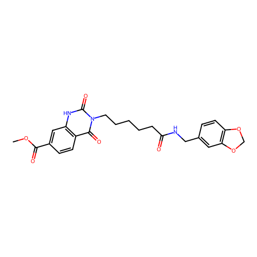 methyl 3-(5-{[(2H-1,3-benzodioxol-5-yl)methyl]carbamoyl}pentyl)-2,4-dioxo-1,2,3,4-tetrahydroquinazoline-7-carboxylate structure