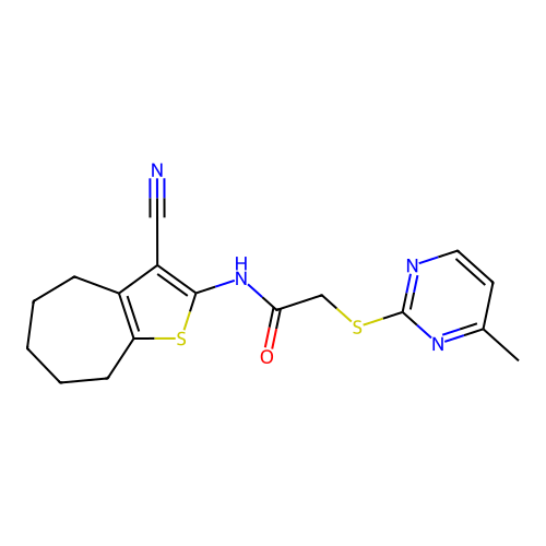 N-(3-cyano-5,6,7,8-tetrahydro-4H-cyclohepta[b]thiophen-2-yl)-2-(4-methylpyrimidin-2-yl)sulfanylacetamide structure
