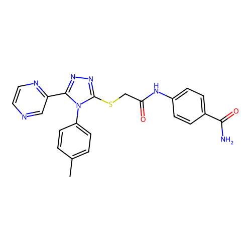 4-[[2-[[4-(4-methylphenyl)-5-pyrazin-2-yl-1,2,4-triazol-3-yl]sulfanyl]acetyl]amino]benzamide structure