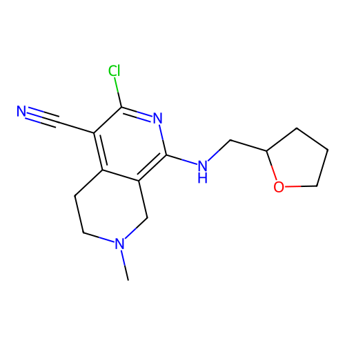 3-chloro-7-methyl-1-(oxolan-2-ylmethylamino)-6,8-dihydro-5H-2,7-naphthyridine-4-carbonitrile structure