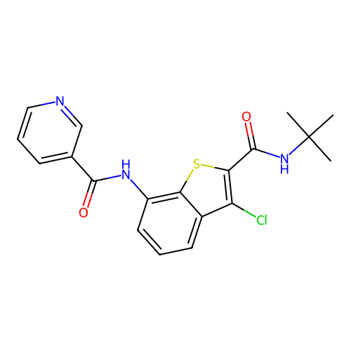 N-[2-(tert-butylcarbamoyl)-3-chloro-1-benzothiophen-7-yl]pyridine-3-carboxamide structure