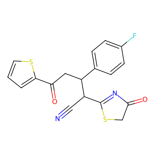 3-(4-fluorophenyl)-5-oxo-2-(4-oxo-1,3-thiazol-2-yl)-5-thiophen-2-ylpentanenitrile structure